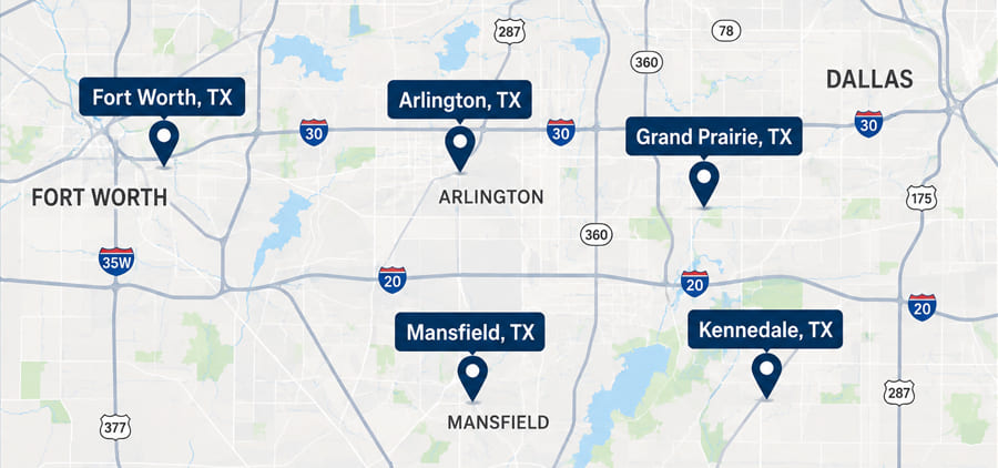 Map of service areas: Fort Worth, Arlington, Grand Prairie, Mansfield and Kennedale, TX
