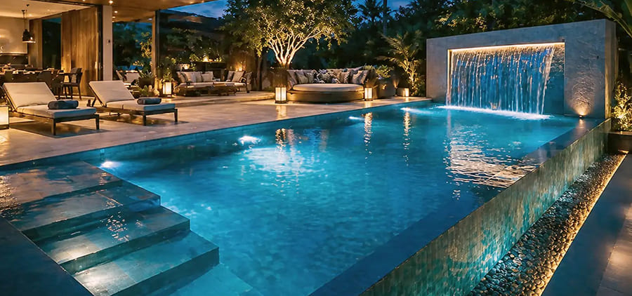 Lit sheer descent water wall on a remodeled pool