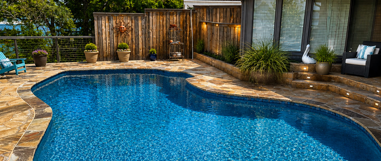 Freeform pool remodel with flagstone coping and lit deck steps